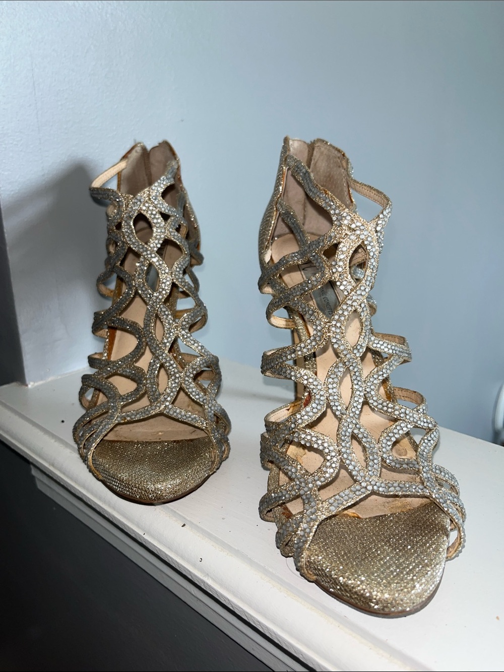 INC International Concepts Gold Crystal Cutout Heeled Sandals